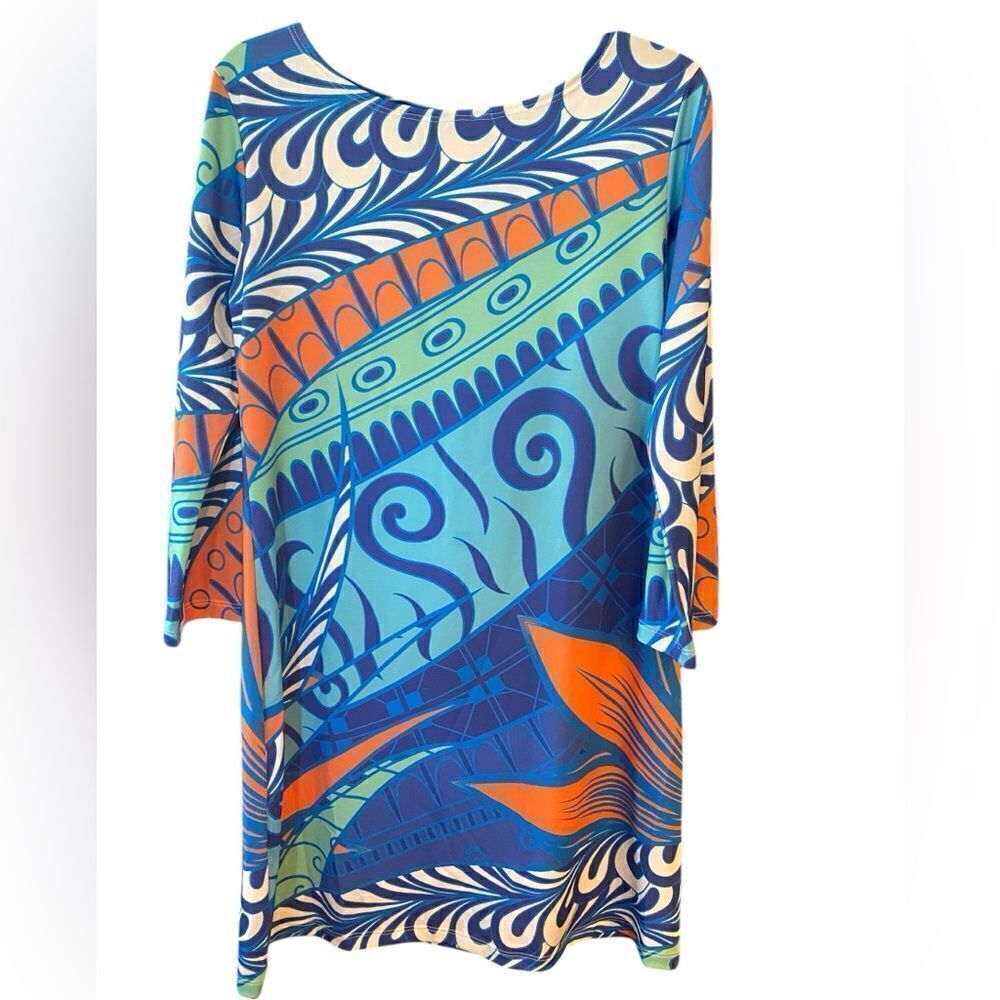 Parisou Sz S Blue Orange Jersey Knit ‘70s Vibe Pattern Shift Luxury Dress